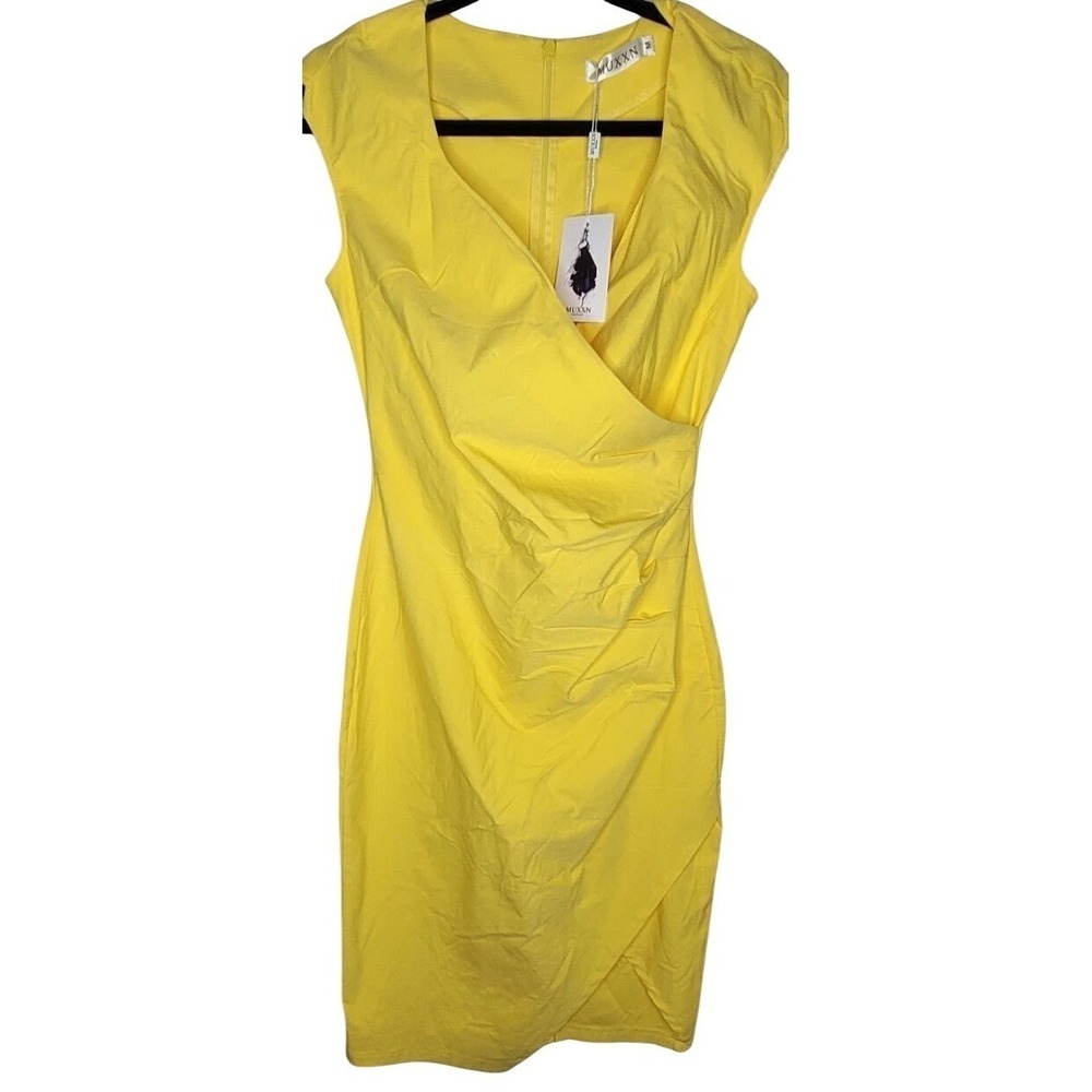 MUXXN M Yellow Sheath Dress Sleeveless V-Neck Knee Length Ruched Retro‎ Pencil